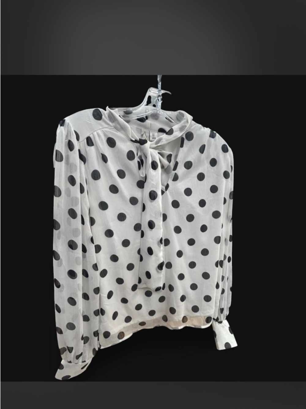Polka Dot Tie-Neck Blouse - White with Black Dots